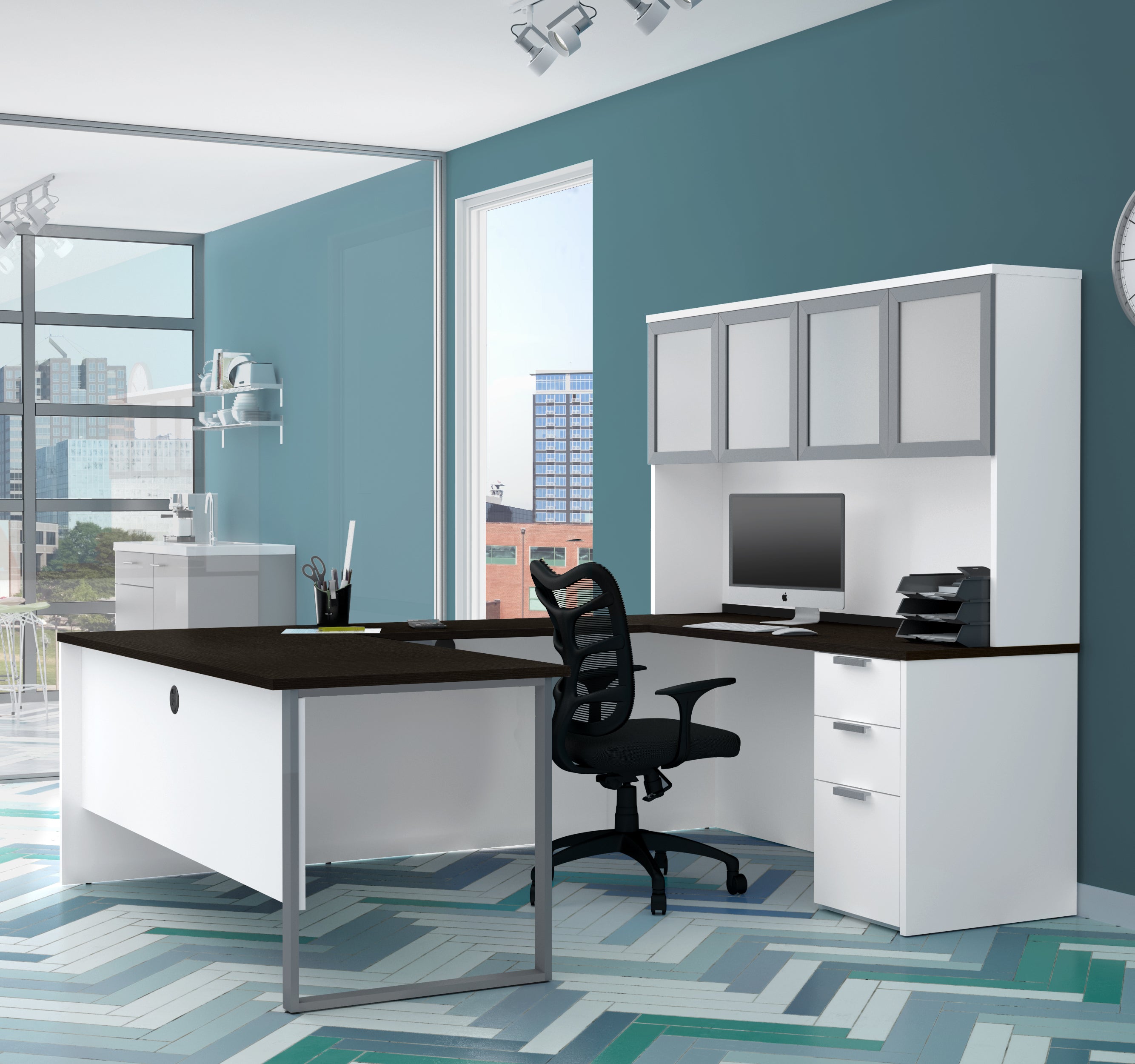 Ultra Modern White Deep Gray U Shaped Desk With Hutch