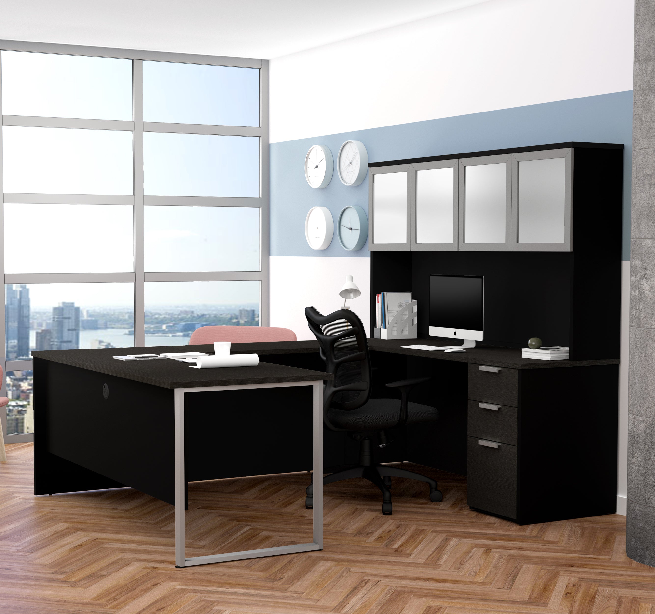 Deep Gray & Black Contemporary U-shaped Desk with Hutch – ComputerDesk.com