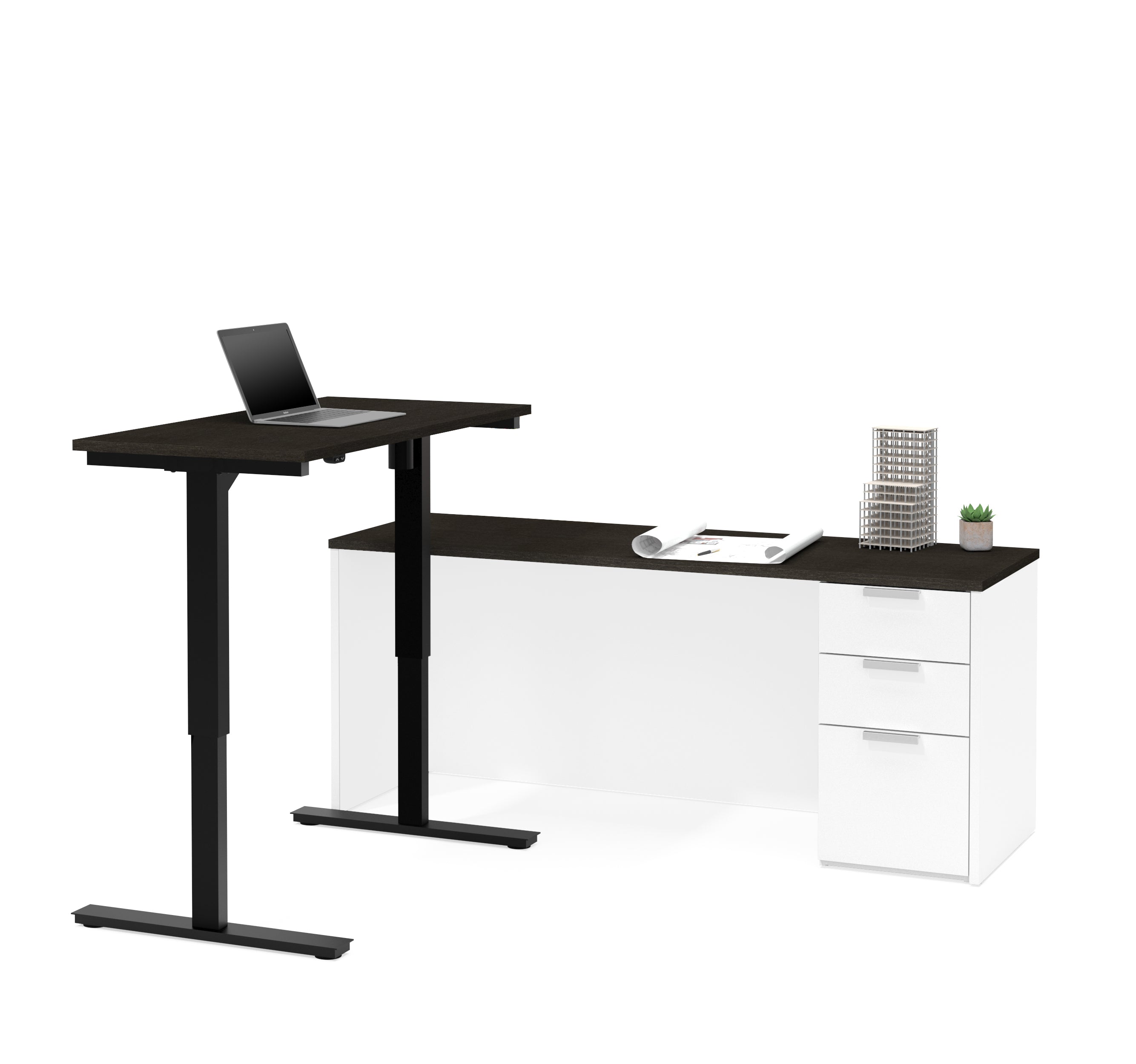 Deep Gray White Modern L Shaped Desk With Height Adjustable Side