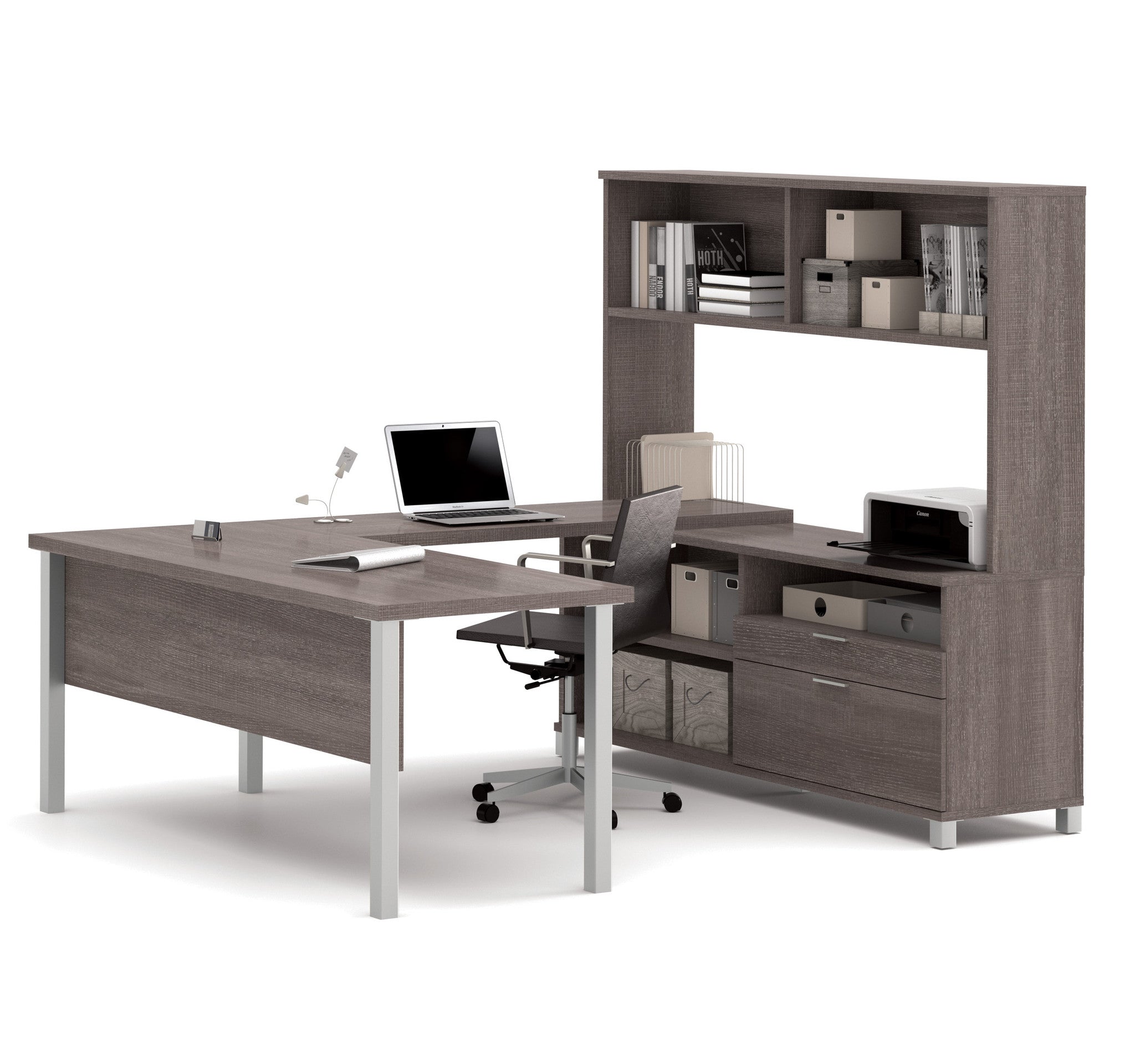 Premium Modern U Shaped Desk With Hutch In Bark Gray