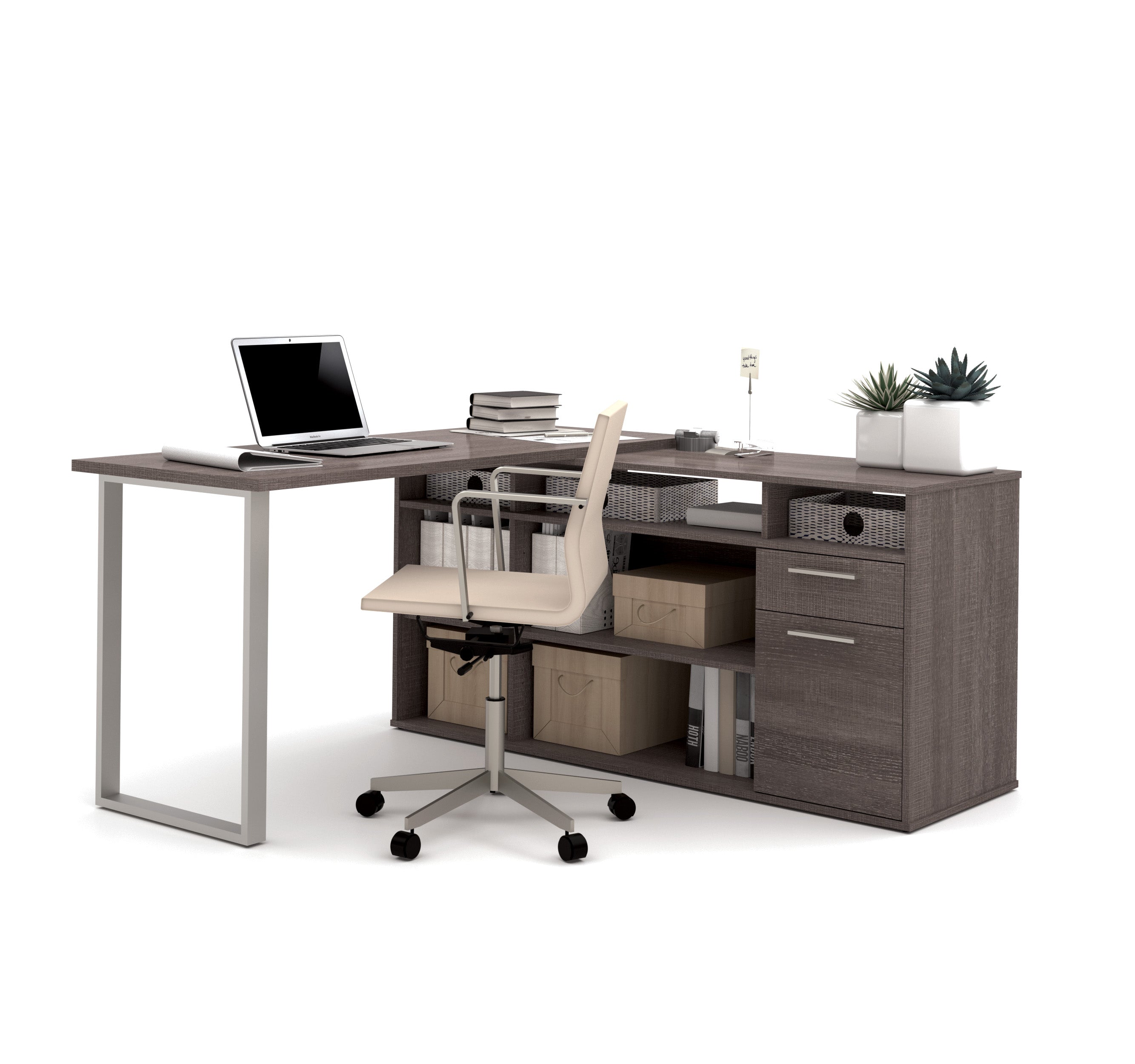Modern L Shaped Office Desk In Bark Gray With Integrated Storage