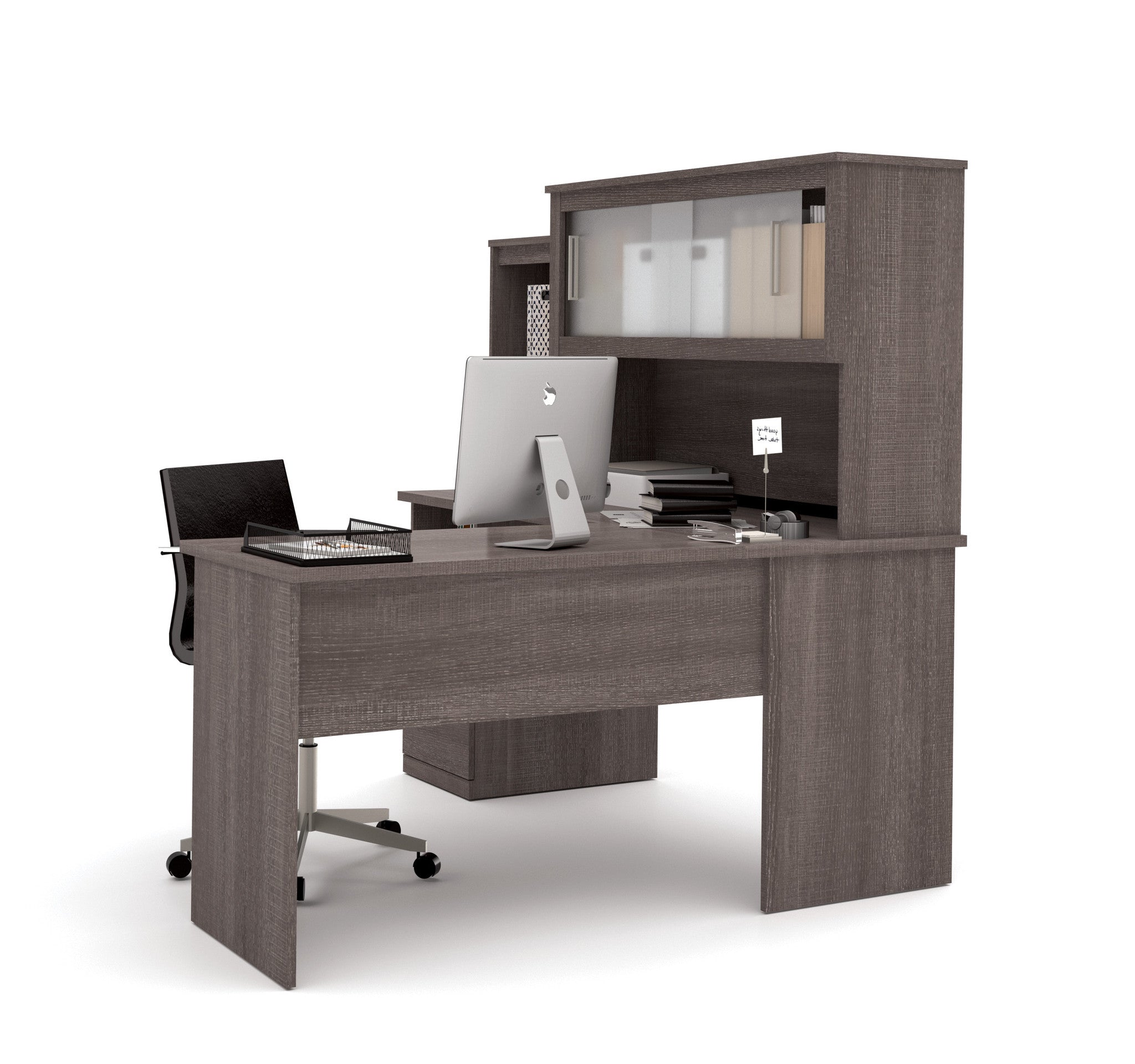 L Shaped Office Desk And Hutch With Frosted Glass Doors In Bark