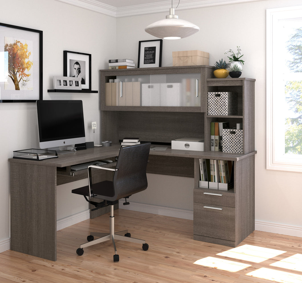 L Shaped Office Desk And Hutch With Frosted Glass Doors In Bark Gray   88420 47 Room 530x@2x 