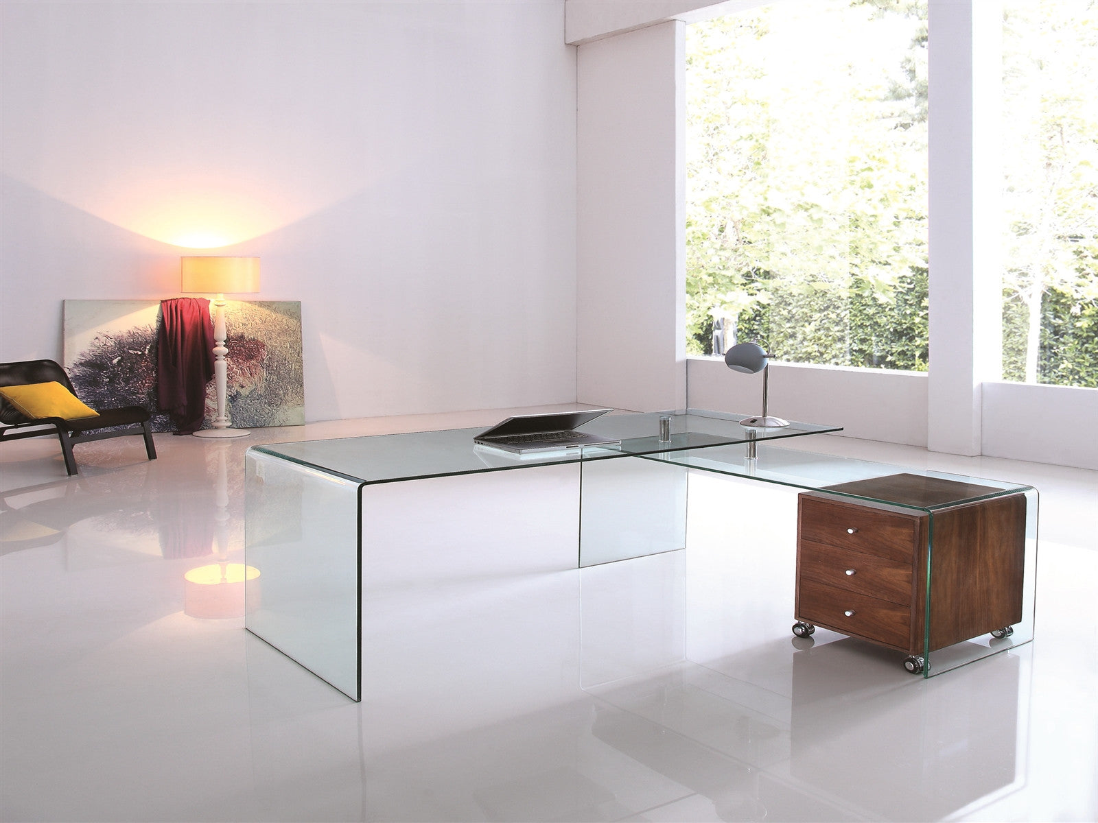 Ultra Modern L-shaped Glass Desk with Walnut Cabinet – ComputerDesk.com