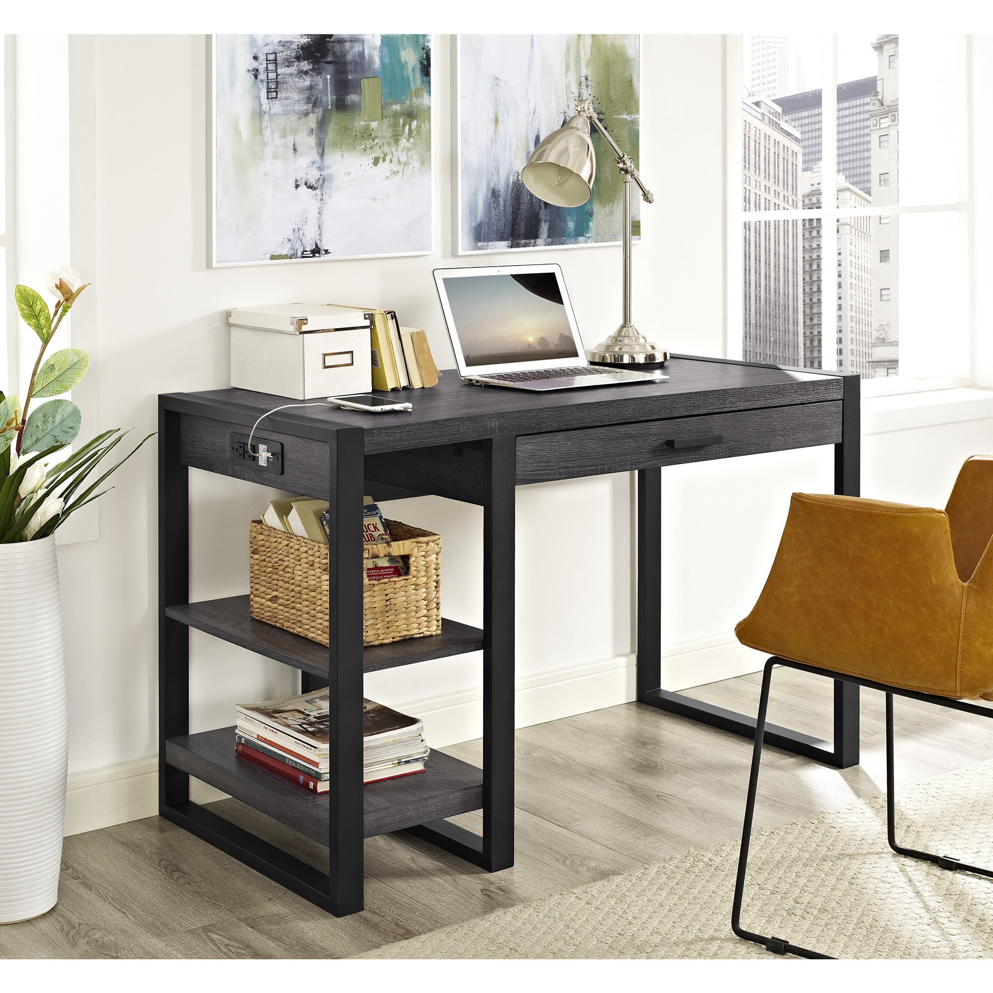 48 Modern Charcoal Desk With Shelves Built In Plugs