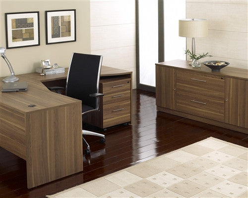 Modern Walnut L Shaped Desk With Included Mobile Pedestal