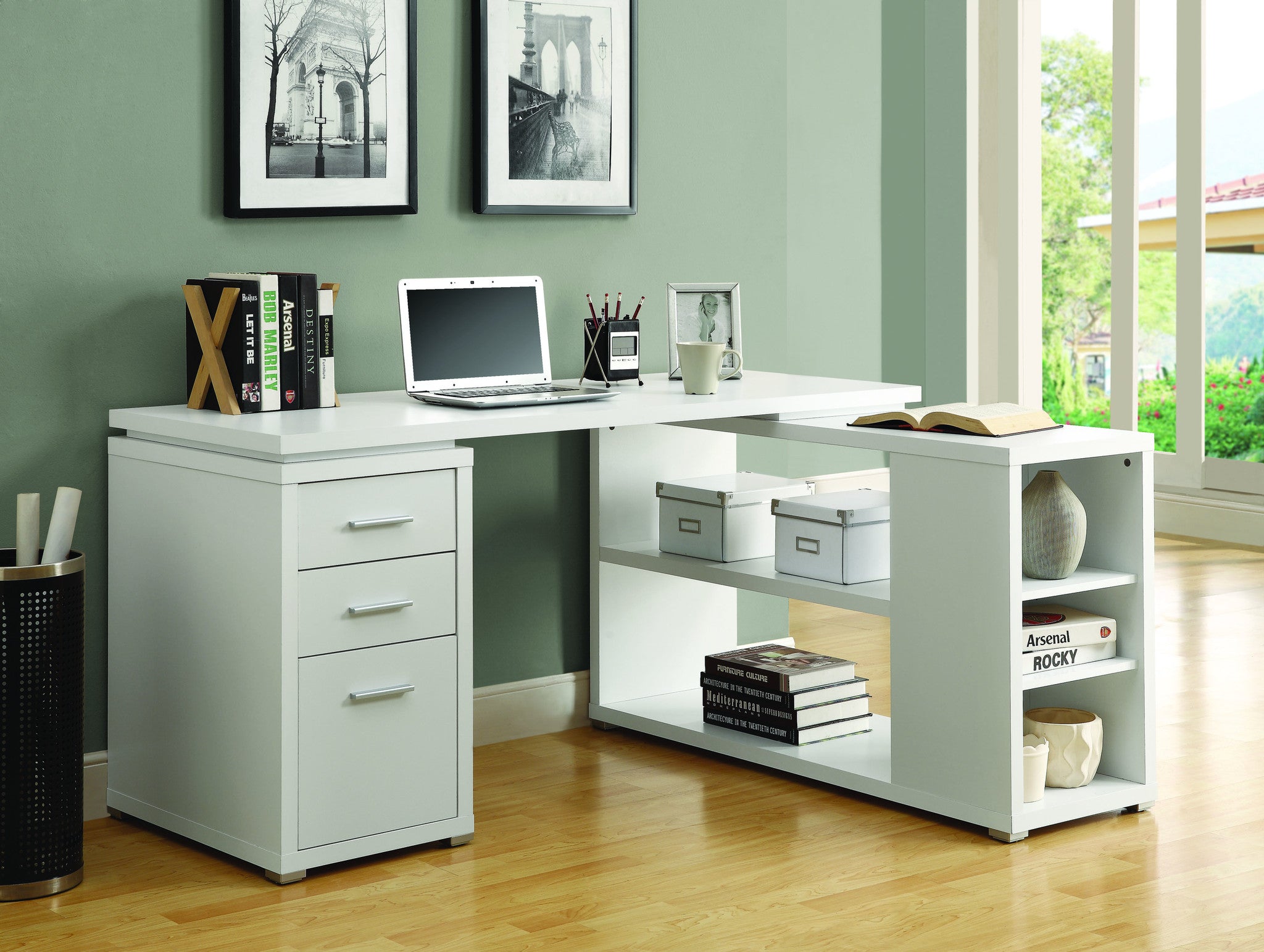 60 X 47 Modern White L Shaped Desk With File Drawer Open