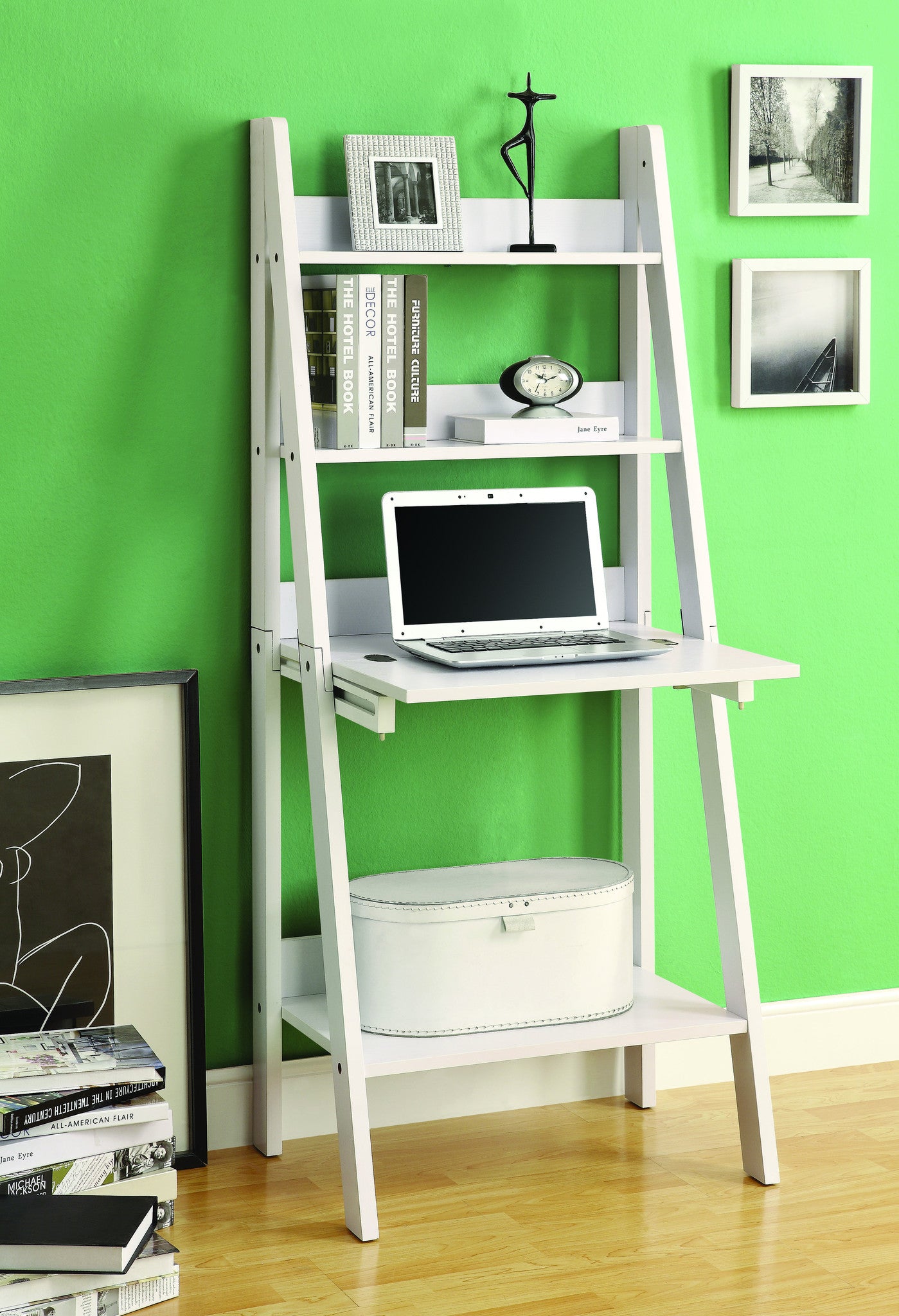 Modern White Ladder Desk & Bookcase Combination with Flip Down Desk