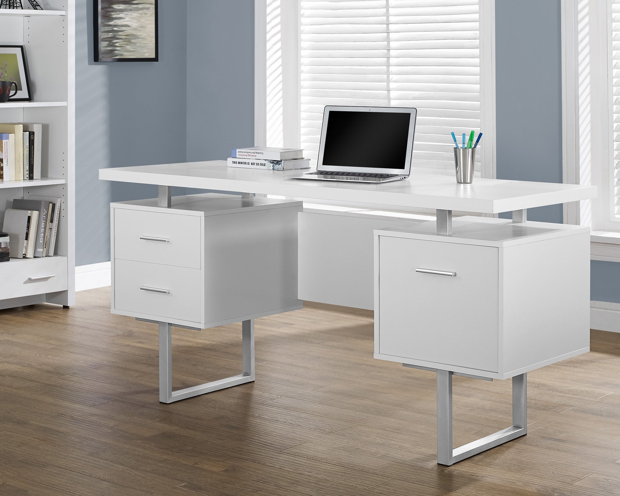 60 Modern White Double Pedestal Desk With File Drawer
