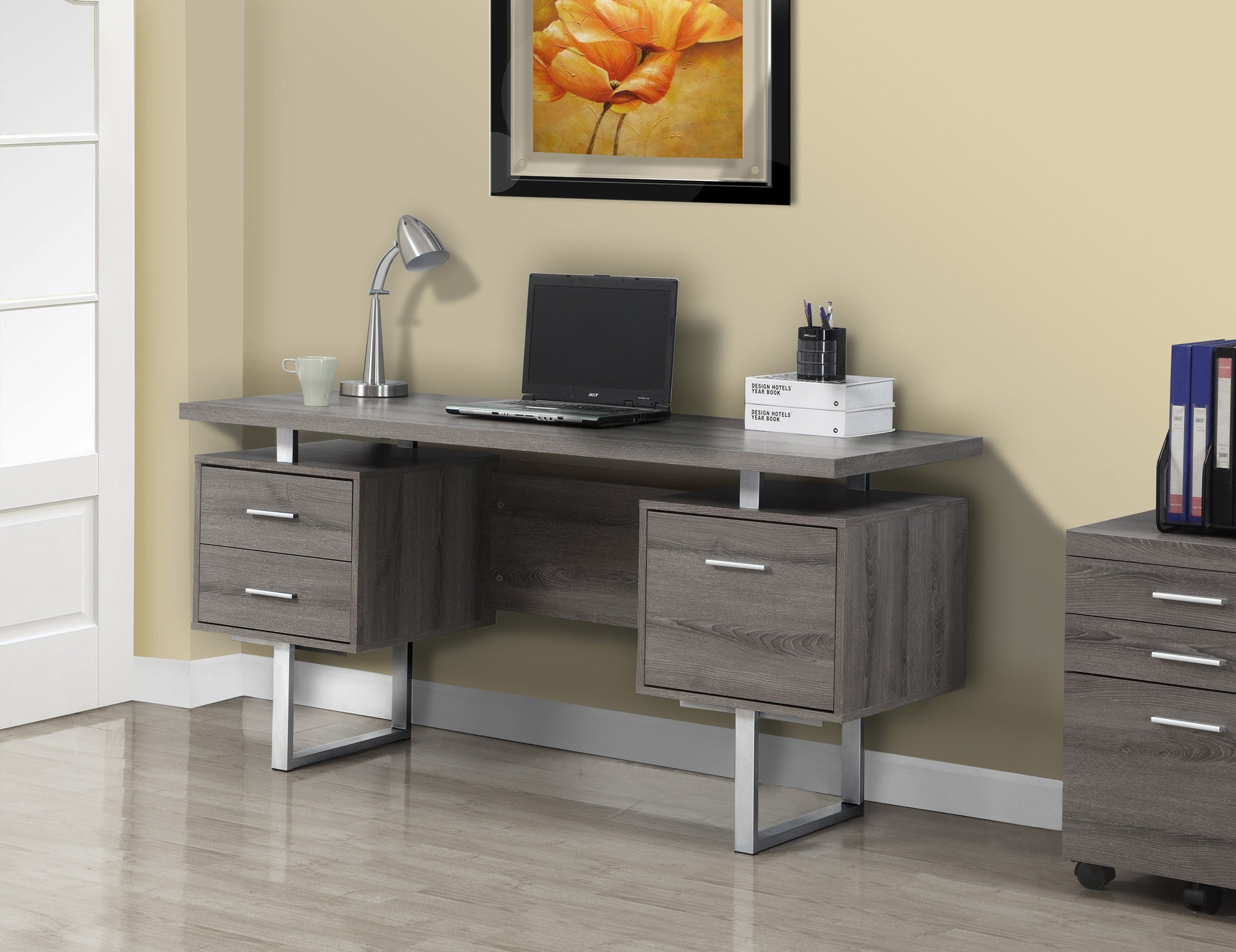 60 Modern Dark Taupe Double Pedestal Desk With File Drawer