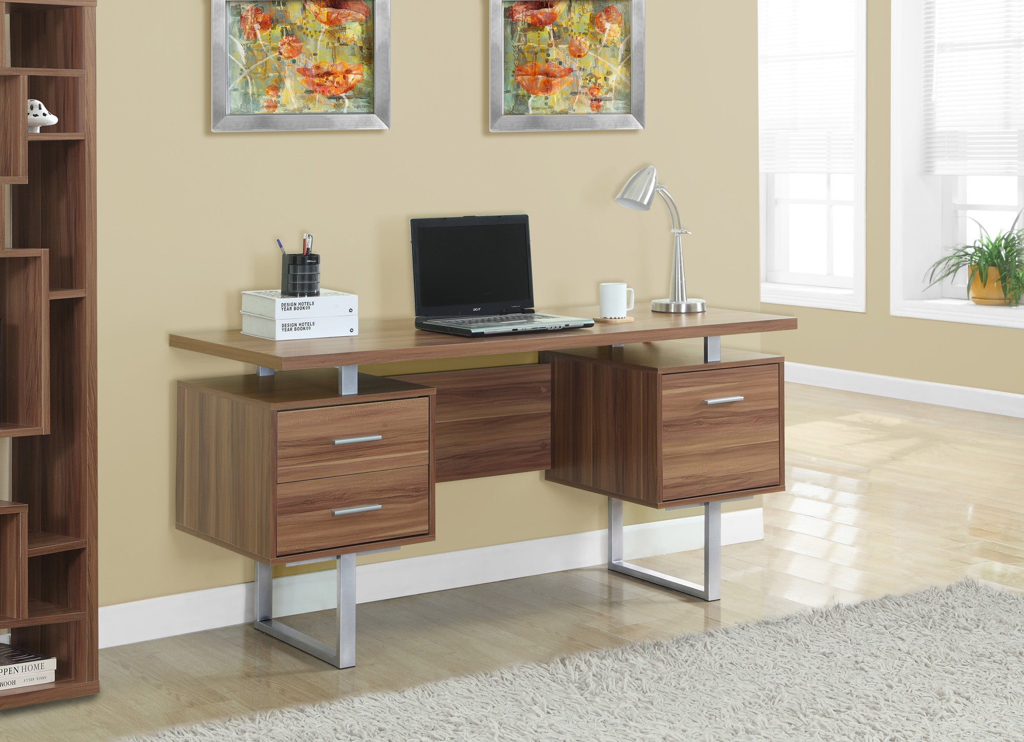 60 Modern Walnut Double Pedestal Desk With File Drawer