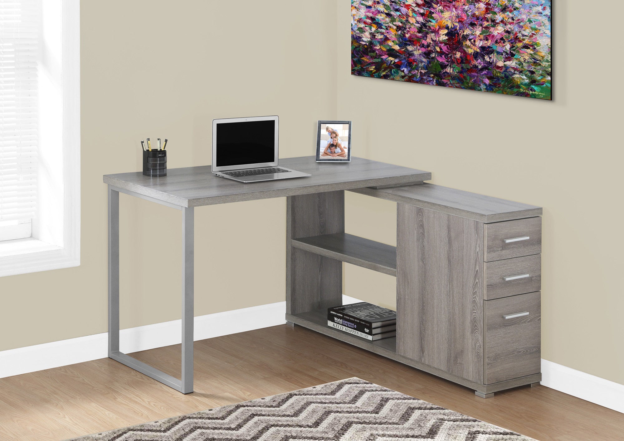 Dark Taupe L Shaped Corner Computer Desk With Storage