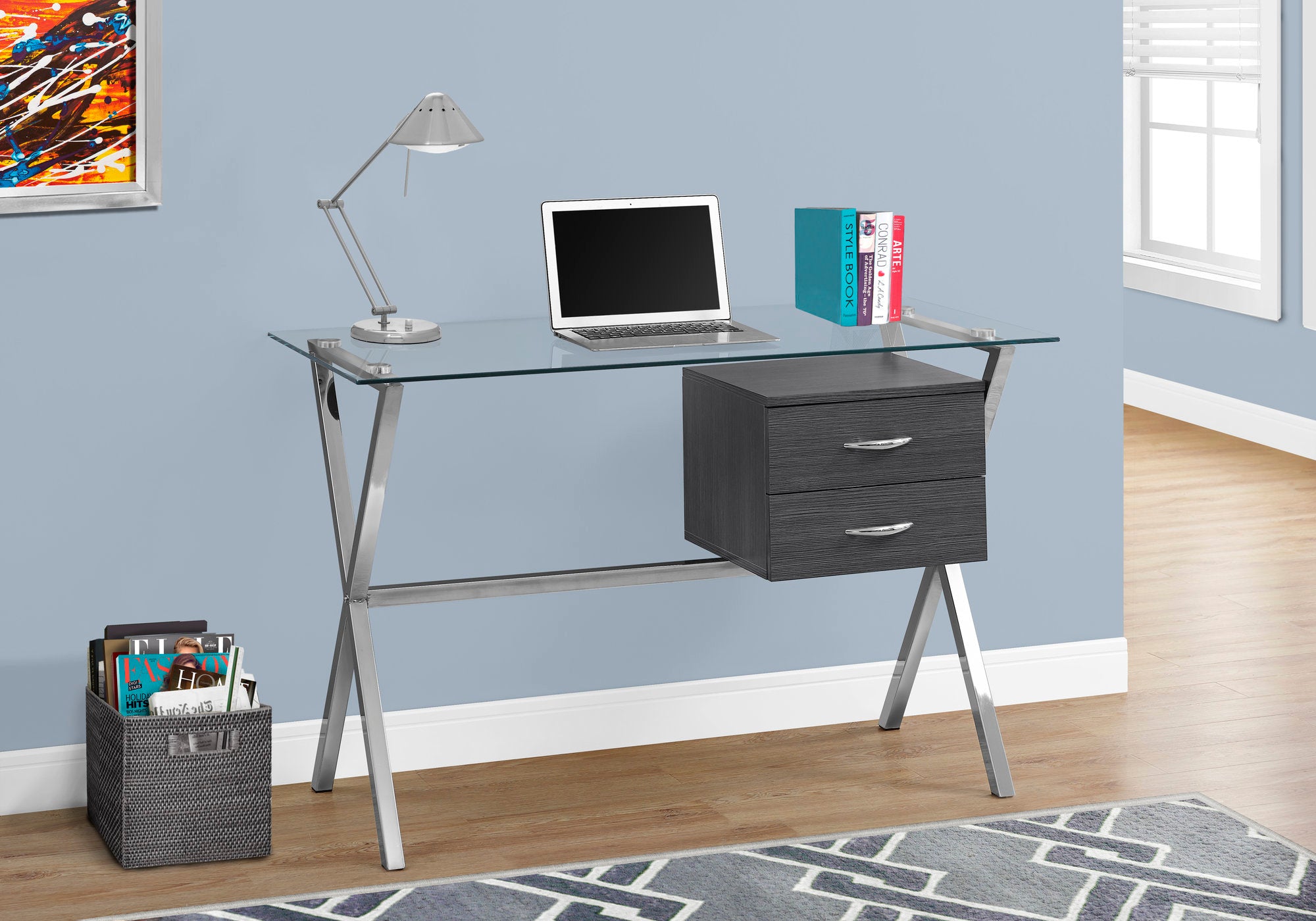 Stylish 48 Office Desk W Glass Top Grey Drawers Computerdesk Com