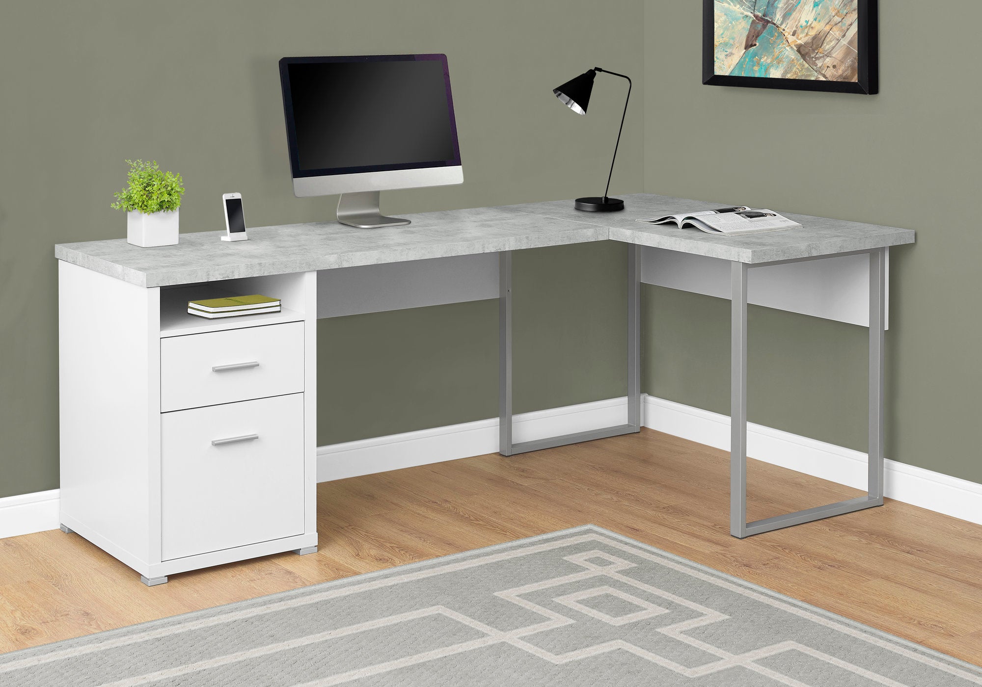 79" LShaped White & Cement Corner Office Desk w/ Flexible Position