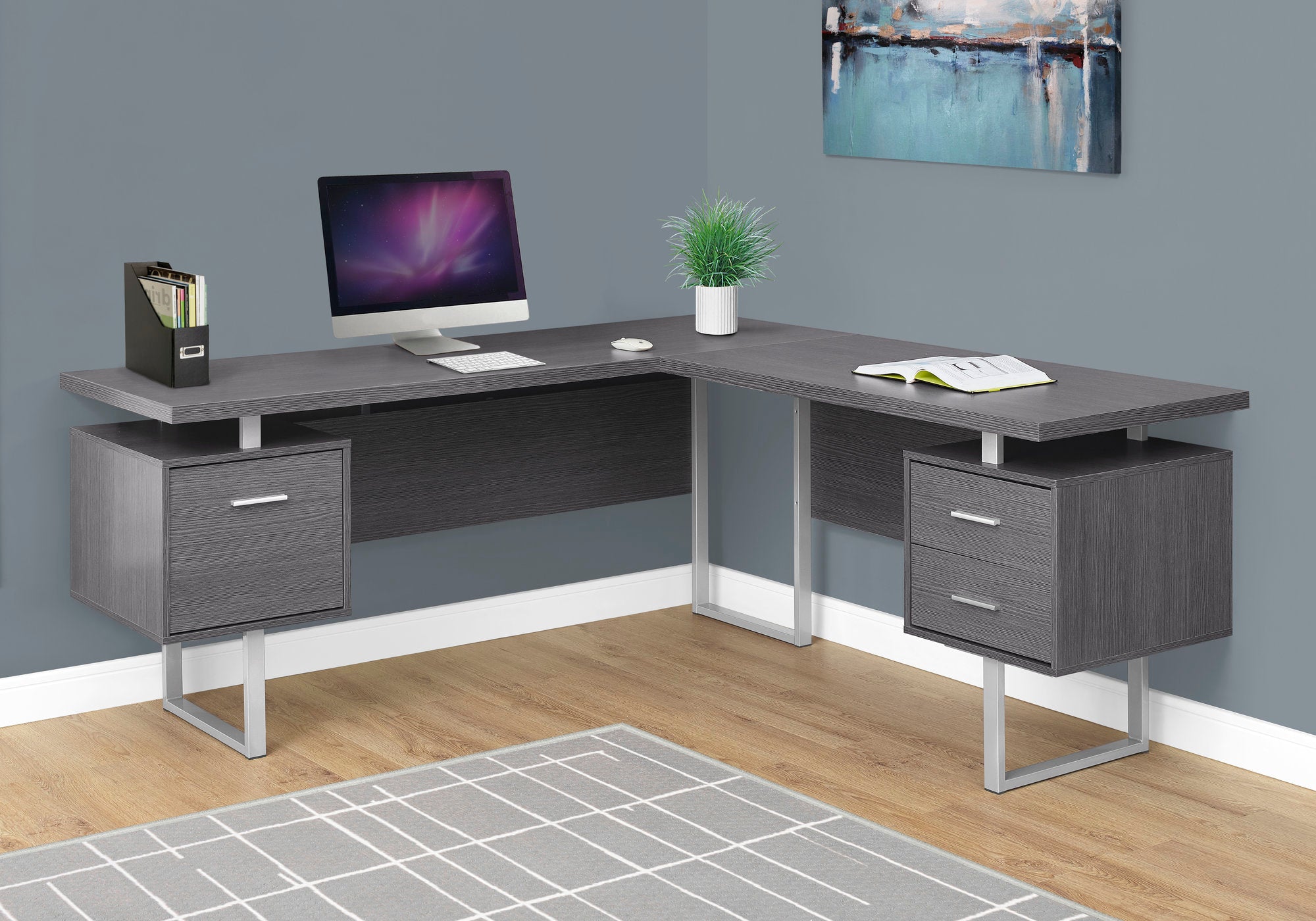 Modern 71" LShaped Grey Office Desk w/ Drawers