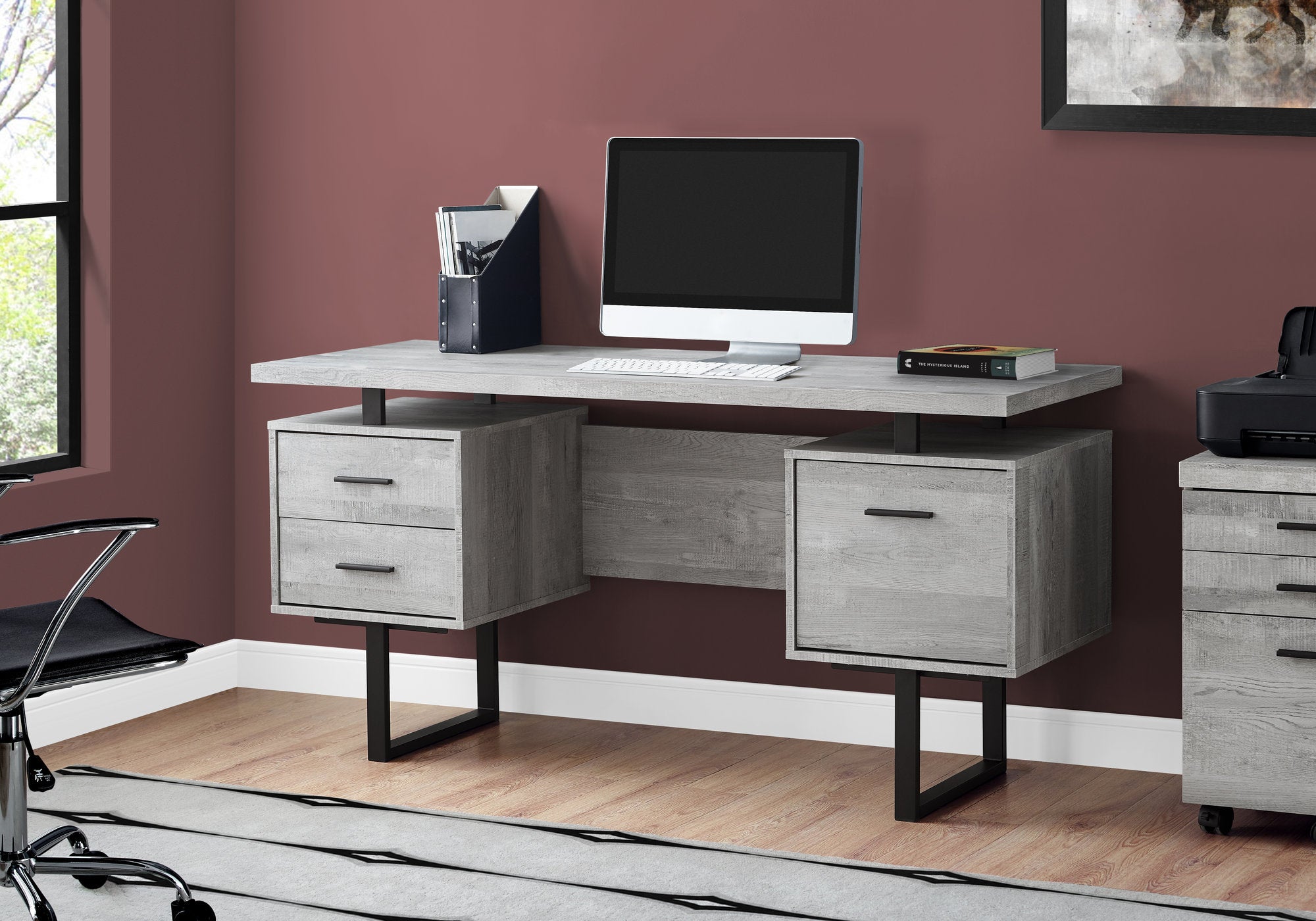 grey wood and metal desk