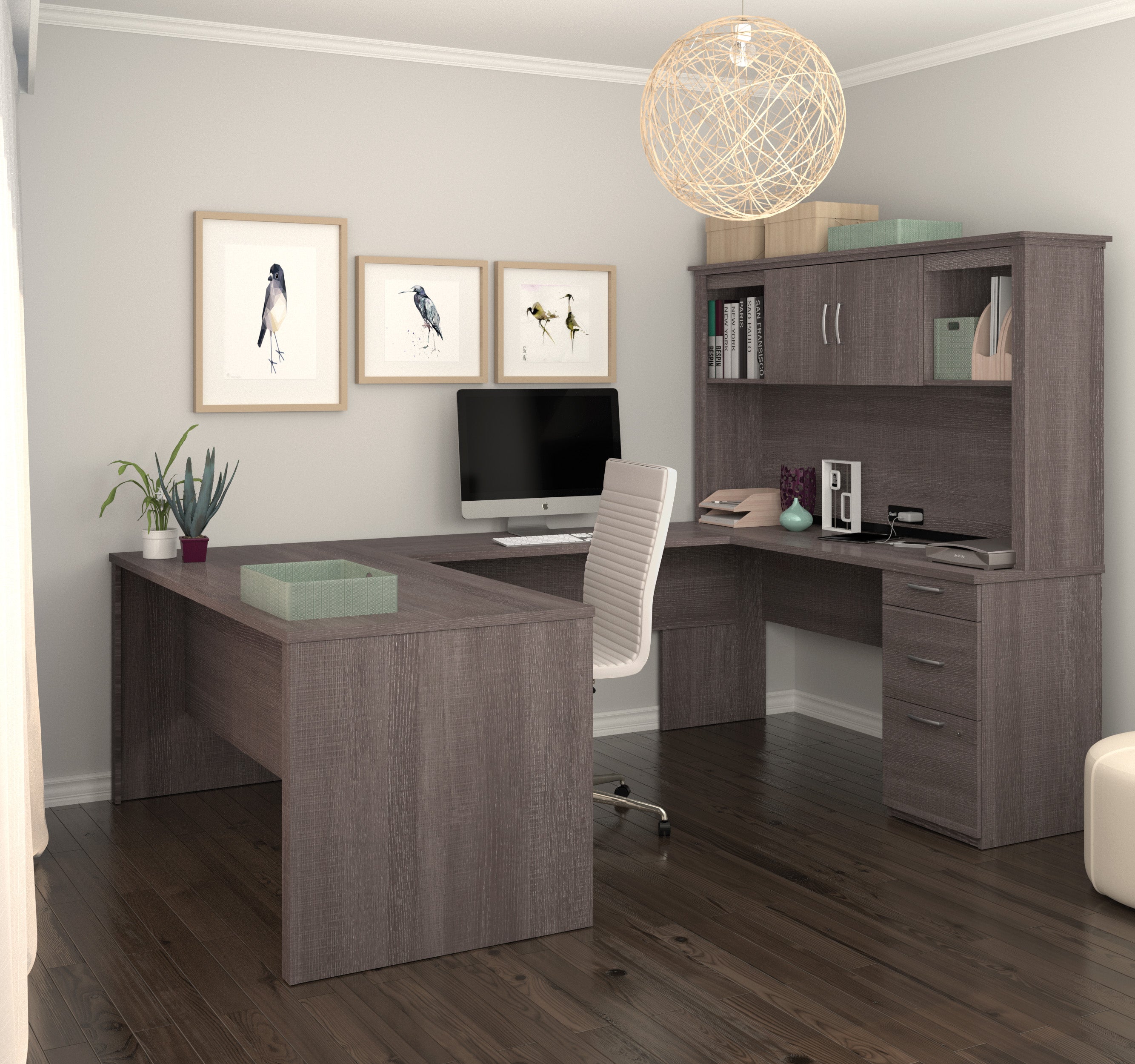 Modern Premium U-shaped Desk with Hutch in Bark Gray ...