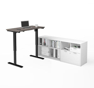 Adjustable Bark Grey Office Desk with White Credenza