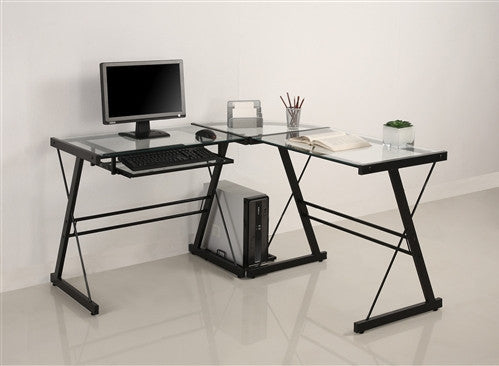 Modern Black Clear Glass L Shaped Desk With Keyboard Tray