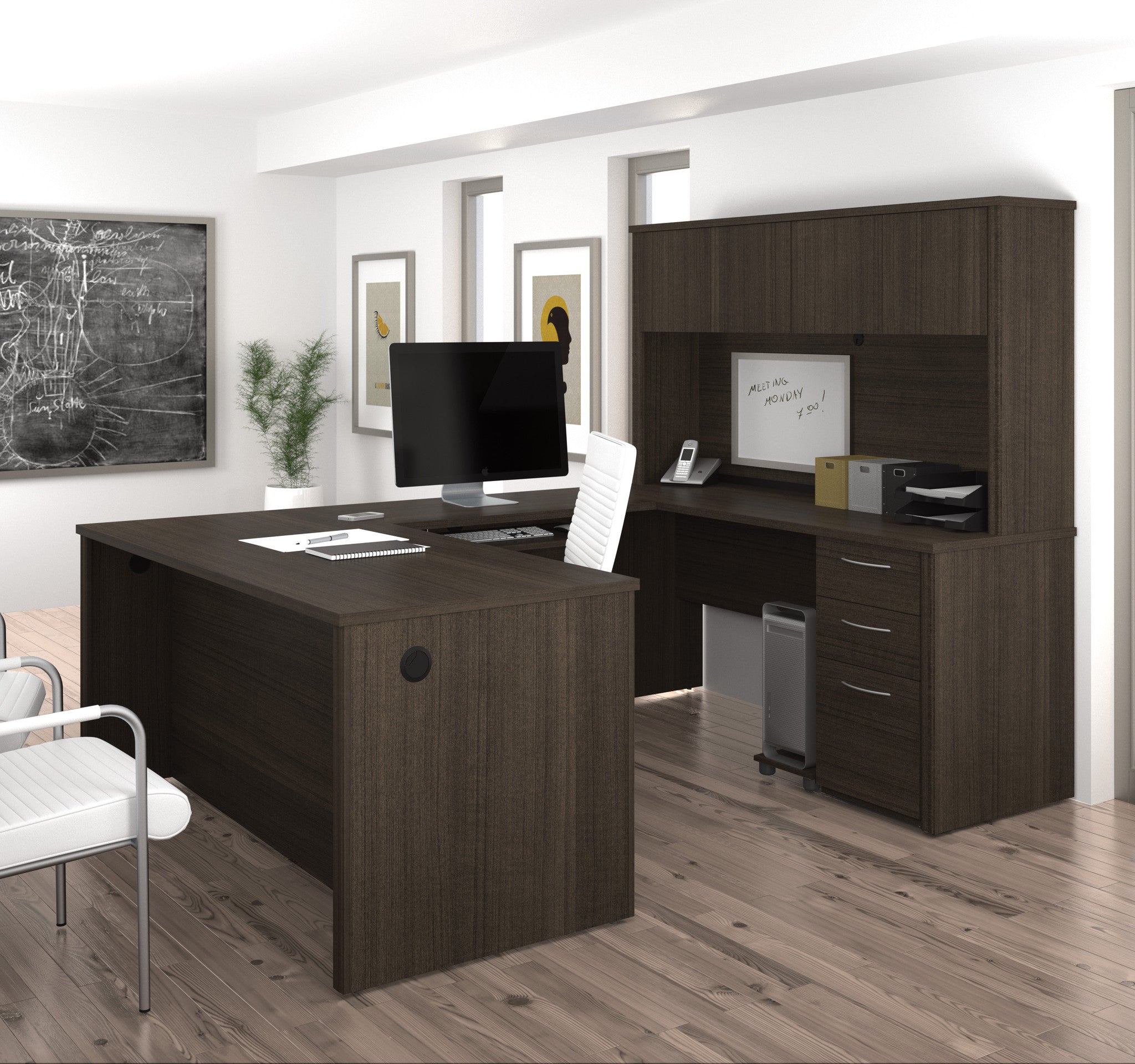 Modern U Shaped Premium Office Desk With Hutch In Dark Chocolate   Bestar Embassy 60857 79 Dark Chocolate Room 