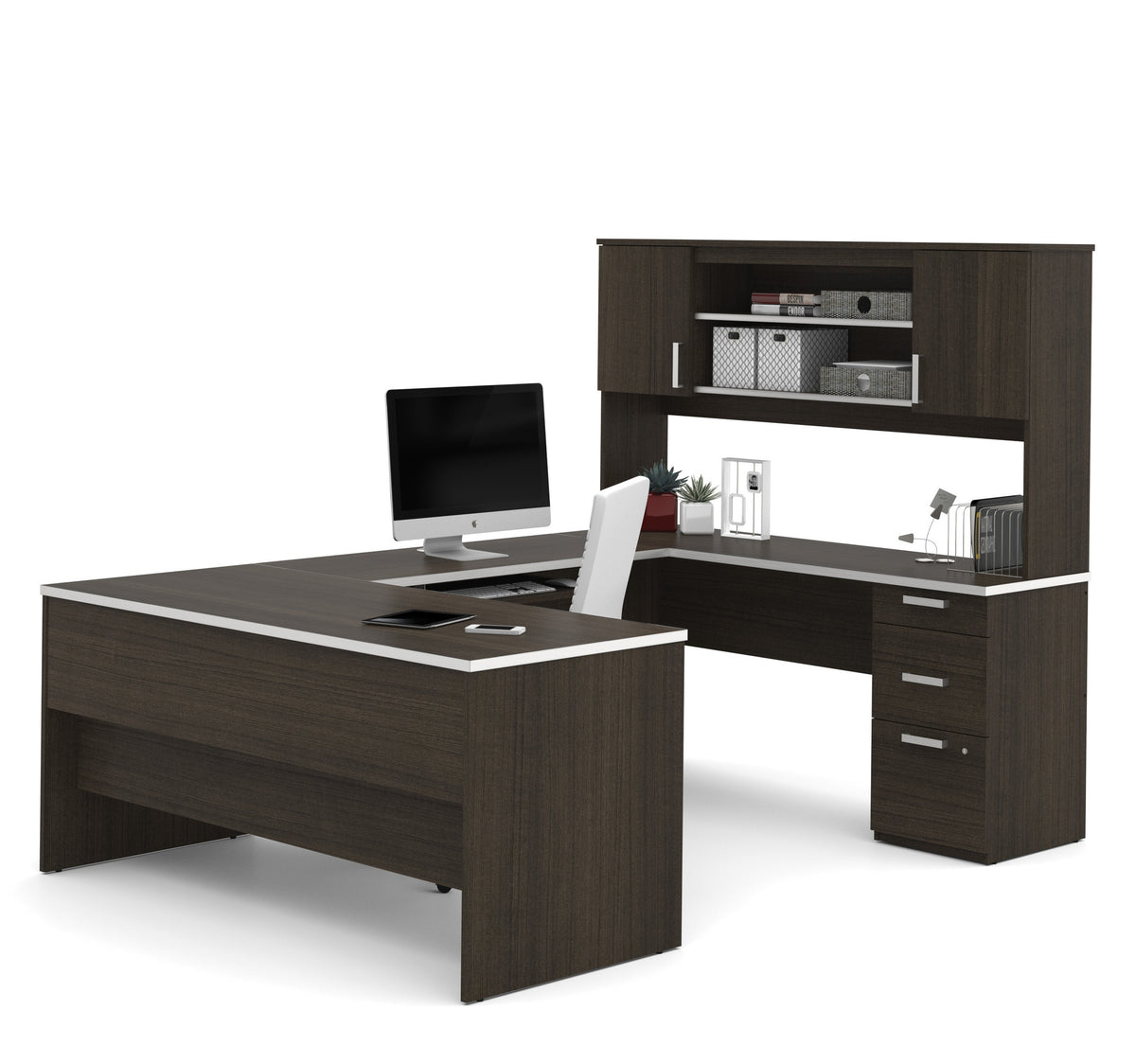 Dark Chocolate Modern U Shaped Office Desk With Brushed Nickel Accents   Bestar Ridgeley U Desk Chocolate 52414 79 Fond Blanc 1 1200x1200 