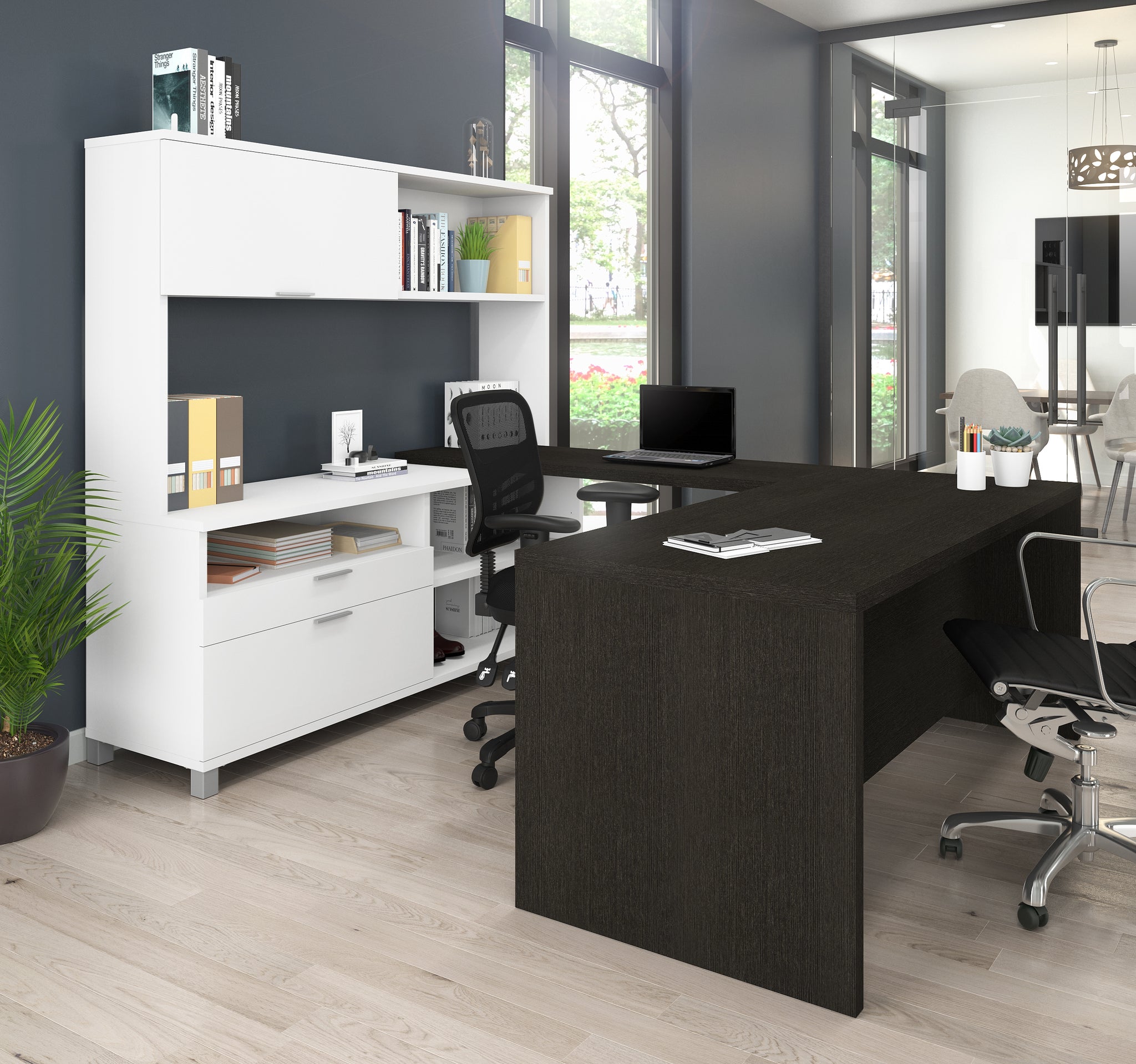 Premium Modern U-shaped Desk with Hutch in White & Deep ...