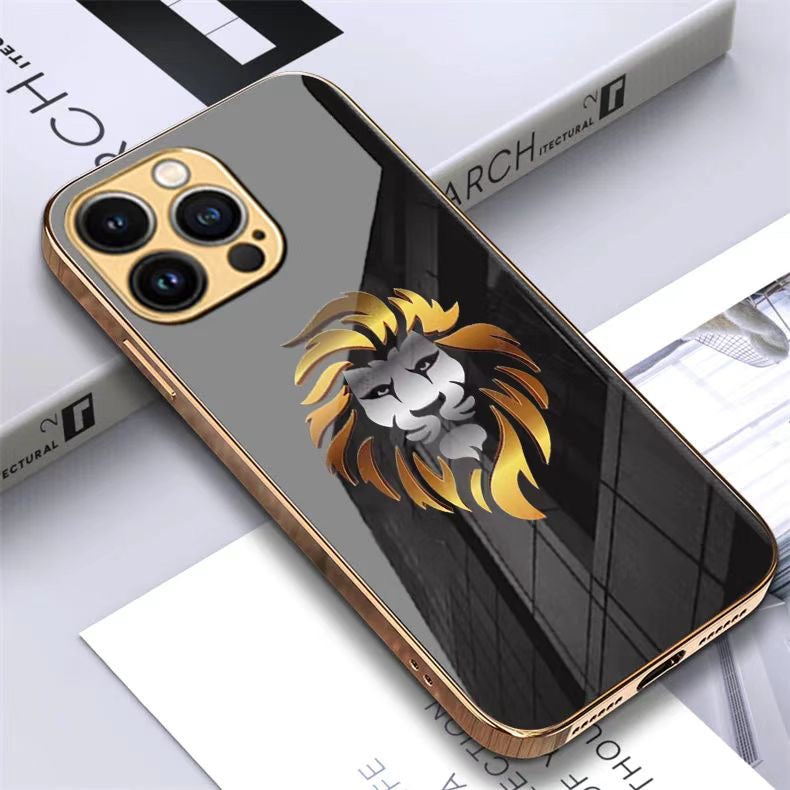 Luxury Dual Lion Pattern Glass Back Case with Golden Edges For iPhone –  Brandshopeestore