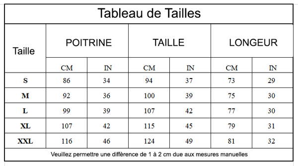 tableau de tailles