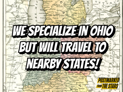 Map of states near Ohio with text explaining we'll buy book collection from nearby states!