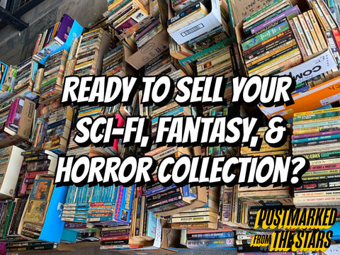 Image of a stack of books from an estate with the text "Ready to sell your sci-fi, fantasy, & horror collection?"