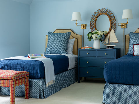 Elliston House Posey Denim on Bed Skirt and Bed Pillows in Blue Twin Bedroom