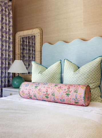 Oyster Creek Bedroom featuring a blue headboard with Meadow Multi lumbar and Posey Green pillows