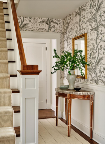 Interior Entrance Hall Foyer Featuring Scrolling Vine Brown and Taupe Wallpaper Designed by Kerry Spears of Kerry Spears Interiors