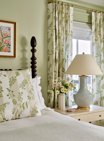 Primary Bedroom Featuring Hues of Soft Greens and Pale Blues Designed by Kerry Spears of Kerry Spears Interiors