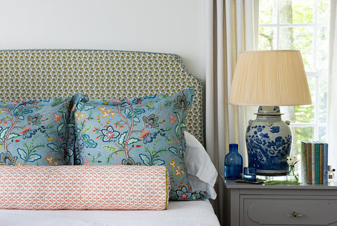 Elliston House Queen Bed Pillows featuring patterns Posey and Vera Vine