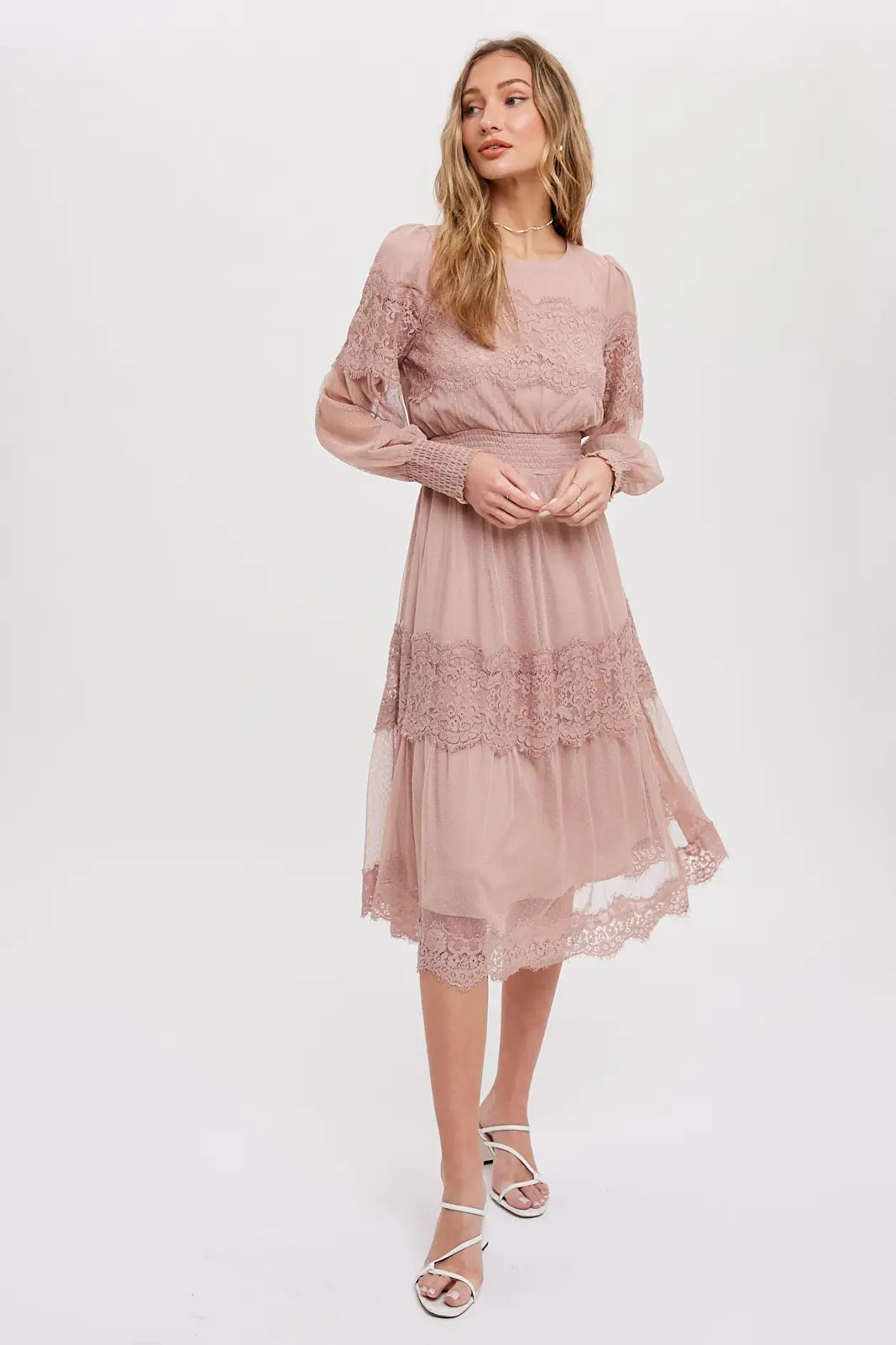 LACE TRIM MESH MIDI DRESS