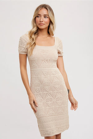 EYELET KNIT SQAURE NECK DRESS - Sassy Sapphire Boutique