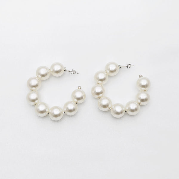 White Pearl Half Hoop Earrings 925 Silver Studs - J F W