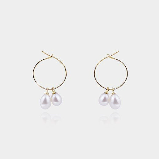 Wire Hoop Earrings with Dangling Pearls - J F W