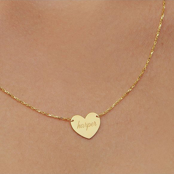 Solid Gold Heart Necklace with Chain Custom Engraving - J F W