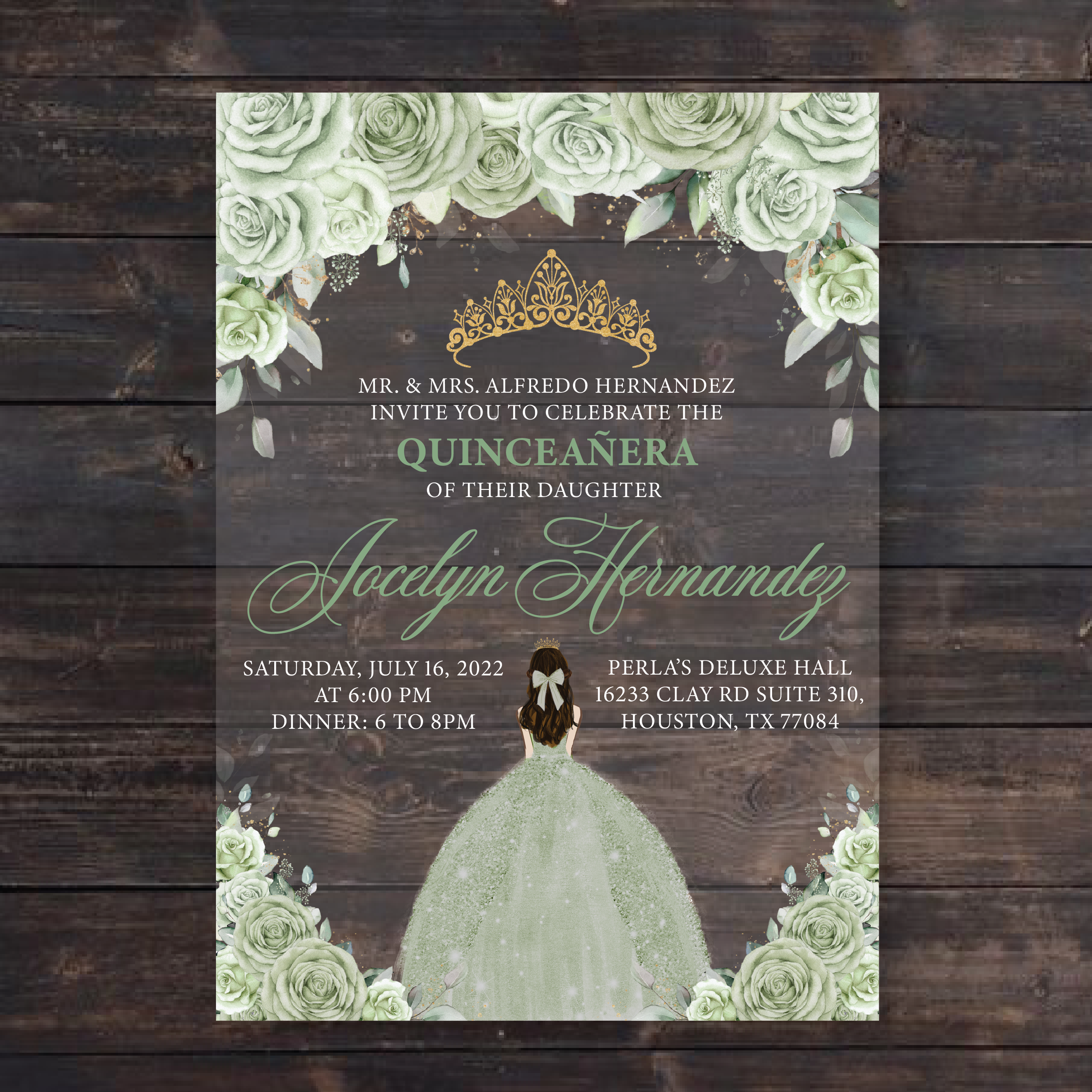 Sage Green Floral and Gold Quinceanera Dress Acrylic Invitations
