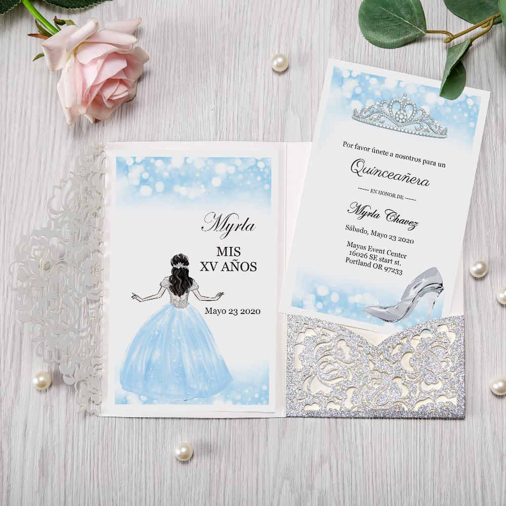 Silver Glitter And Light Blue Cinderella Quinceanera Tri Fold Laser Cu Invitations By Luis Sanchez 4866