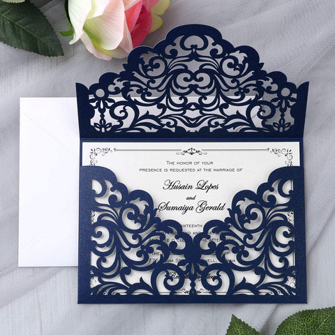 gold and navy blue foil stamped laser cut wedding invitation SWWS123