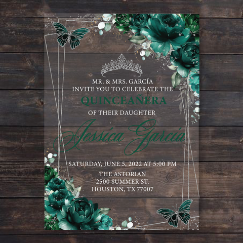 Emerald Green and Gold Frame with Butterflies Square Acrylic Invitatio –  Invitations by Luis Sanchez