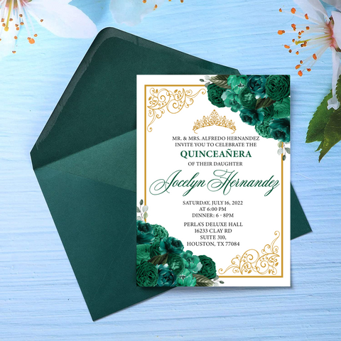 Emerald Green and Gold Frame with Butterflies 5X7 Cardstock Invitation –  Invitations by Luis Sanchez