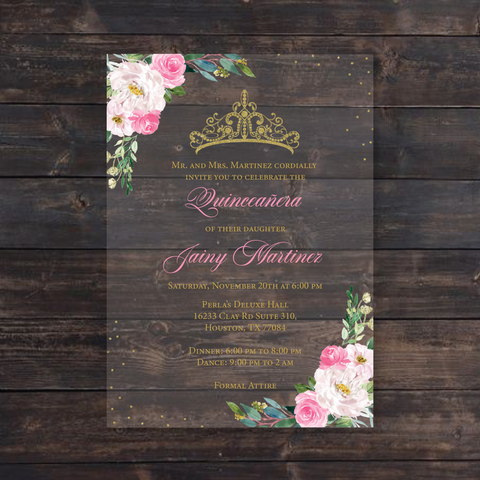 Luxury gold floral border acrylic quinceañera invitations CXV007