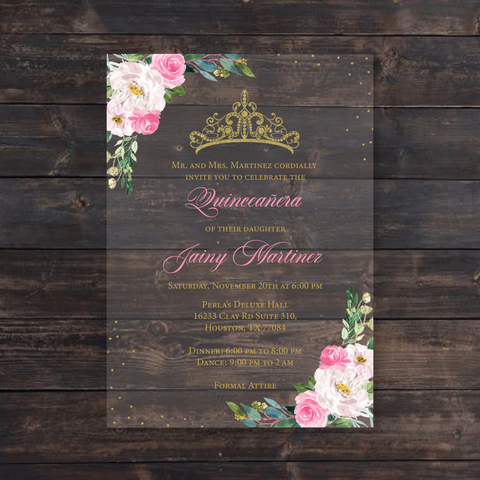 Blush Pink Eiffel Tower Laser Cut Panel Pocket Quinceañera Invitation with  Crystal CLXV007