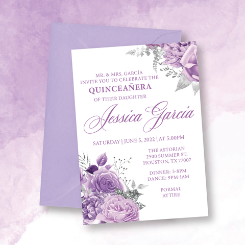 Light Purple Floral Roses & Silver Crown Quinceanera 5X7 Cardstock  Invitation