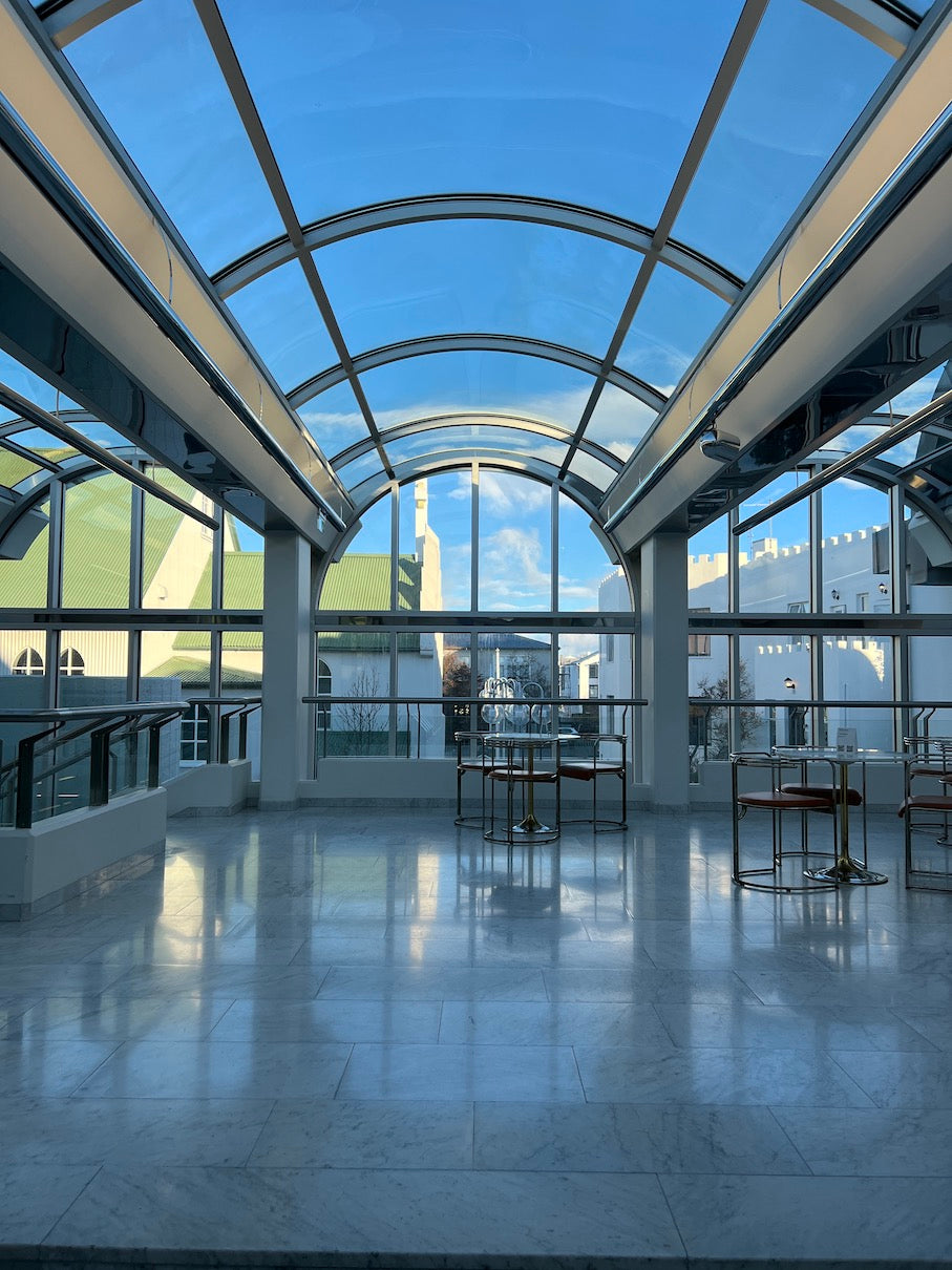 Glass ceiling view from within the National Gallery of Iceland. 