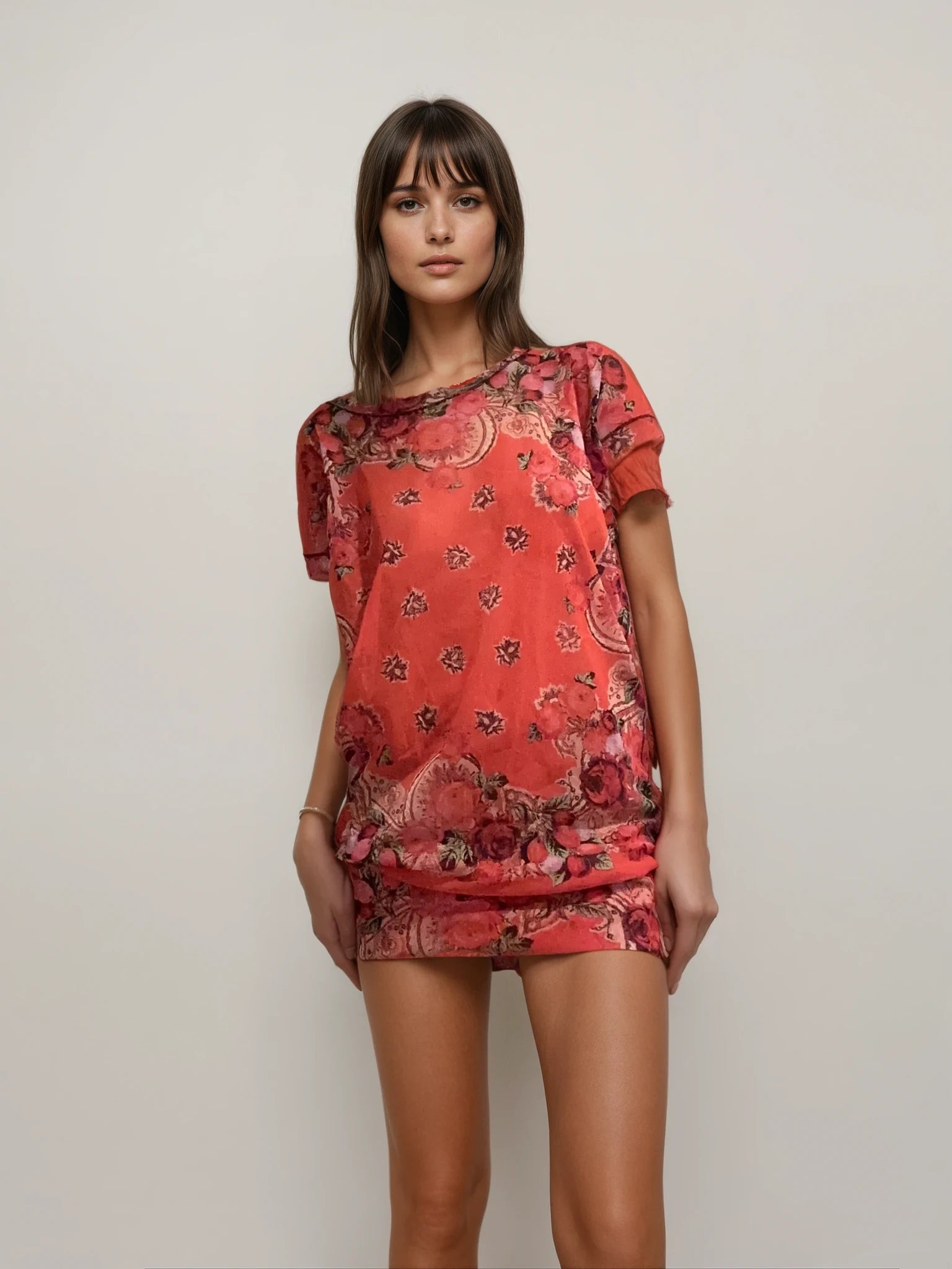 image of Jean Paul Gaultier Red Mesh Printed Mini Dress